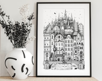 PRAGUE Black and white Wall Art, Illustration, Drawing, Print, Poster, Art Print, Modern line drawing