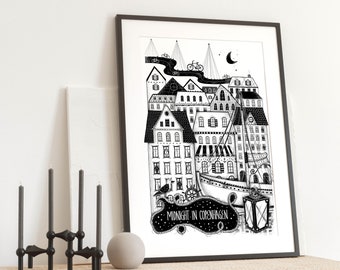 COPENHAGEN Black and white Illustration / Drawing / Print / Poster / Fine Art Print