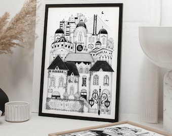 May include: Black and white illustration of a cityscape with buildings and a street lamp. The text "Midnight in Bucharest" is at the bottom of the image.