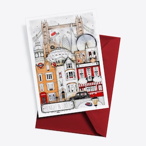 LONDYN POCZTÓWKA, Karta podróżna, Ilustracja z Wielkiej Brytanii, Wydruk z podróży do Anglii, Plakat z Londynu, Wydruk artystyczny, Sztuka z Wielkiej Brytanii, Big Ben, Tower Bridge