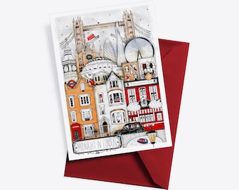 LONDON POSTCARD, Travel Card, United Kingdom Illustration, England Travel Print, London Poster, Art Print, UK Art, Big Ben, Tower Bridge