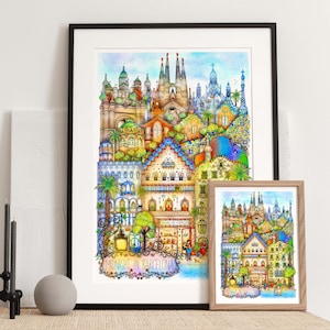 Art mural BARCELONE, impression voyage en Espagne, illustration de Barcelone, dessin espagnol, impression d'art, dessin au trait moderne, Sagrada Familia, Gaudi