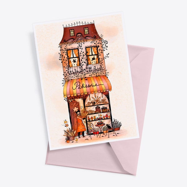 FRANKRIJK PÂTISSERIE briefkaart, illustratie, Parijs tekening, Franse kaart, Frankrijk kunst, Frankrijk wand decor, Frankrijk Travel Card, Franse Storefront