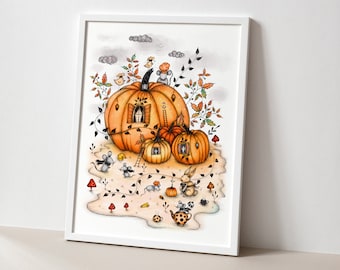 AUTUMN PUMPKIN Illustration, Autumn Wall Decor, Pumpkins Drawing, Autumn Wall Art, Halloween Art, Halloween Pumpkins, Autumn Watercolor