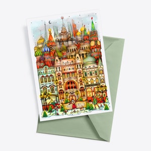 Carte postale de Moscou, carte de voyage Russie, illustration, dessin de Moscou, impression du Kremlin, impression, cathédrale Saint-Basile, art russe, art de la matriochka