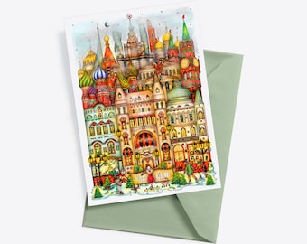 MOSCOW POSTCARD, Russia Travel Card, Illustration, Moscow Drawing, Kremlin Print, Print, St. Basil Cathedral, Russian Art, Matryoshka Art