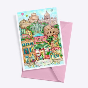 ROME POSTCARD, Illustration, Drawing, Print, Modern line drawing, Colosseum, Rome Italy, Watercolor Art, Vatican, Pantheon, Pizza, Gelato