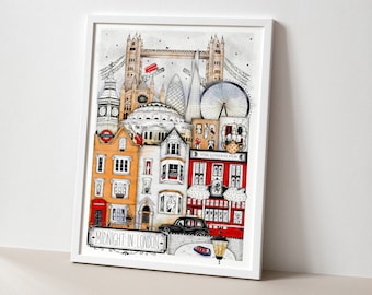 LONDON Wall Art, United Kingdom Illustration, England Travel Print, London Poster, Art Print, Westminster Abbey, Big Ben, Tower Bridge