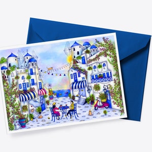GRECIA, Santorini Cartolina con busta blu, Cartolina Grecia, Blu, Isola di Santorini, Cartolina acquerello, Posta ordinaria