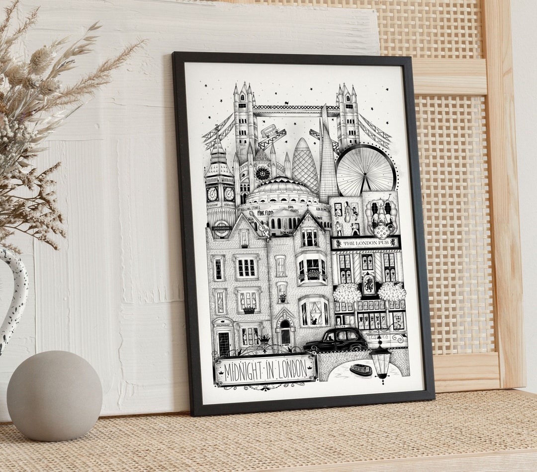 LONDON Black and White Wall Art, Illustration, Drawing, Print, Poster