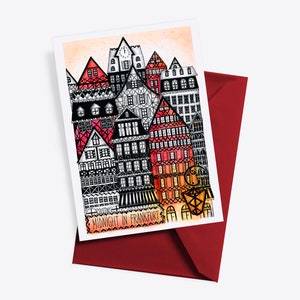 フランクフルト ポストカード、ドイツ旅行プリント、フランクフルトのイラスト、ドイツの絵、アートプリント、ドイツ旅行ポスター、ドイツの家アート