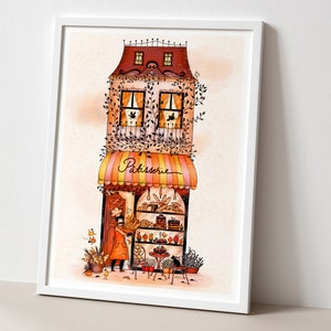 Ilustración de FRANCE PÂTISSERIE, dibujo de París, impresión francesa, arte francés, decoración de pared francesa, impresión de viaje a Francia, escaparate francés