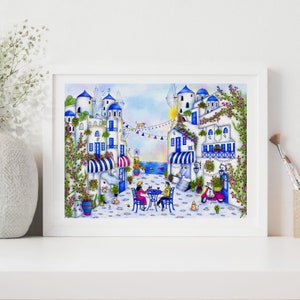 GRECIA, Stampa di Santorini, Illustrazione della Grecia, Arte murale di Santorini, Stampa di viaggio, Poster della Grecia, Acquerello di Santorini, Regalo di viaggio, Corfù