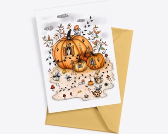 AUTUMN PUMPKIN Postcard with a yellow envelope, Autumn Wall Decor, Pumpkins Drawing, Autumn Wall Art, Halloween Art, Halloween Pumpkins