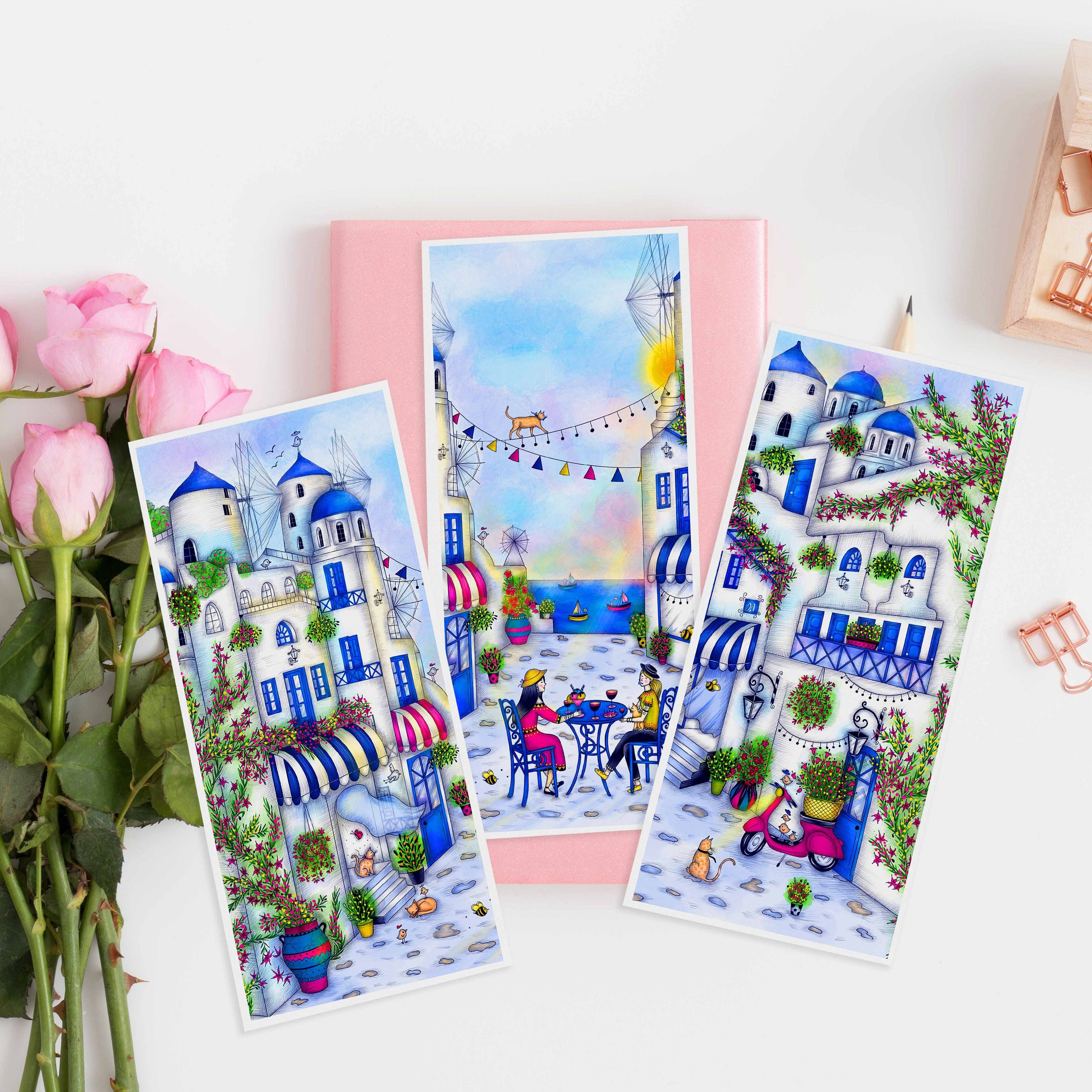 GREECE BOOKMARKS, Santorini Bookmark, Greece Illustration, Santorini ...