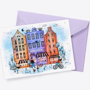 Carte postale AMSTERDAM, carte de vœux, oeuvre d'art de voyage à Amsterdam, carte de voyage aux Pays-Bas, cadeau de voyage à Amsterdam, carte d'art hollandaise, oeuvre d'art