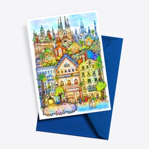 Ansichtkaart BARCELONA, Spanje reiskaart, Barcelona illustratie, Spaanse tekening, Art Print, Sagrada Familia, Gaudi, Casa Batlo, Catalonië