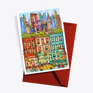 CARTE POSTALE DE NEW YORK, Illustration, Dessin, Impression, Dessin au trait moderne, Pont de Brooklyn, Statue de la Liberté, Aquarelle, Times Square, Soho