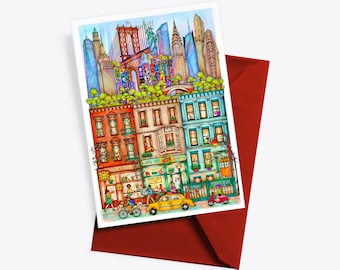 NEW YORK POSTCARD, Illustration, Drawing, Print, Modern line drawing, Brooklyn Bridge, Liberty Statue, Watercolor Art, Times Square, Soho