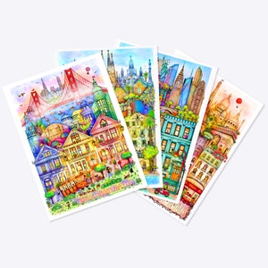 SET 4 CITY POSTCARDS, Travel Postcards, San Francisco, Paris, Amsterdam, Berlin, Sao Paulo, Prague, London, Frankfurt, Copenhagen, Lisbon