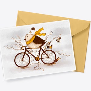 AUTOMNE Carte postale d’oiseau, Carte d’automne, Dessin d’oiseau, Art d’automne, Art saisonnier, Automne douillet, Aquarelle, Oiseau sur un vélo