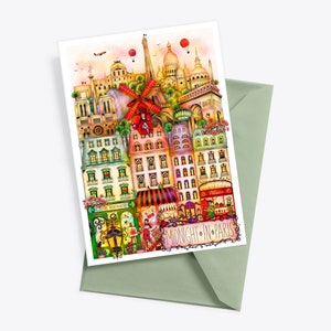 CARTE POSTALE DE PARIS, Illustration de la France, carte de voyage à Paris, Art de la France, décoration murale Français, cadeau Paris, Moulin Rouge, Tour Eiffel, aquarelle