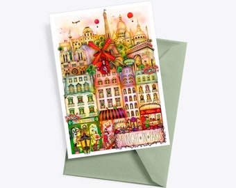 CARTE POSTALE DE PARIS, Illustration de la France, carte de voyage à Paris, Art de la France, décoration murale Français, cadeau Paris, Moulin Rouge, Tour Eiffel, aquarelle