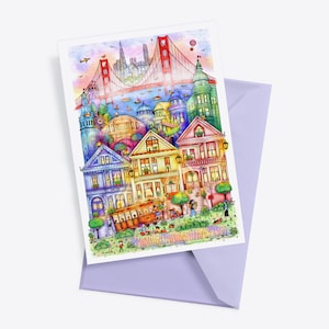 POSTAL DE SAN FRANCISCO, Ilustración, Dibujo, Impresión, Dibujo lineal moderno, Puente Golden Gate, Haight Ashbury, Arte de acuarela