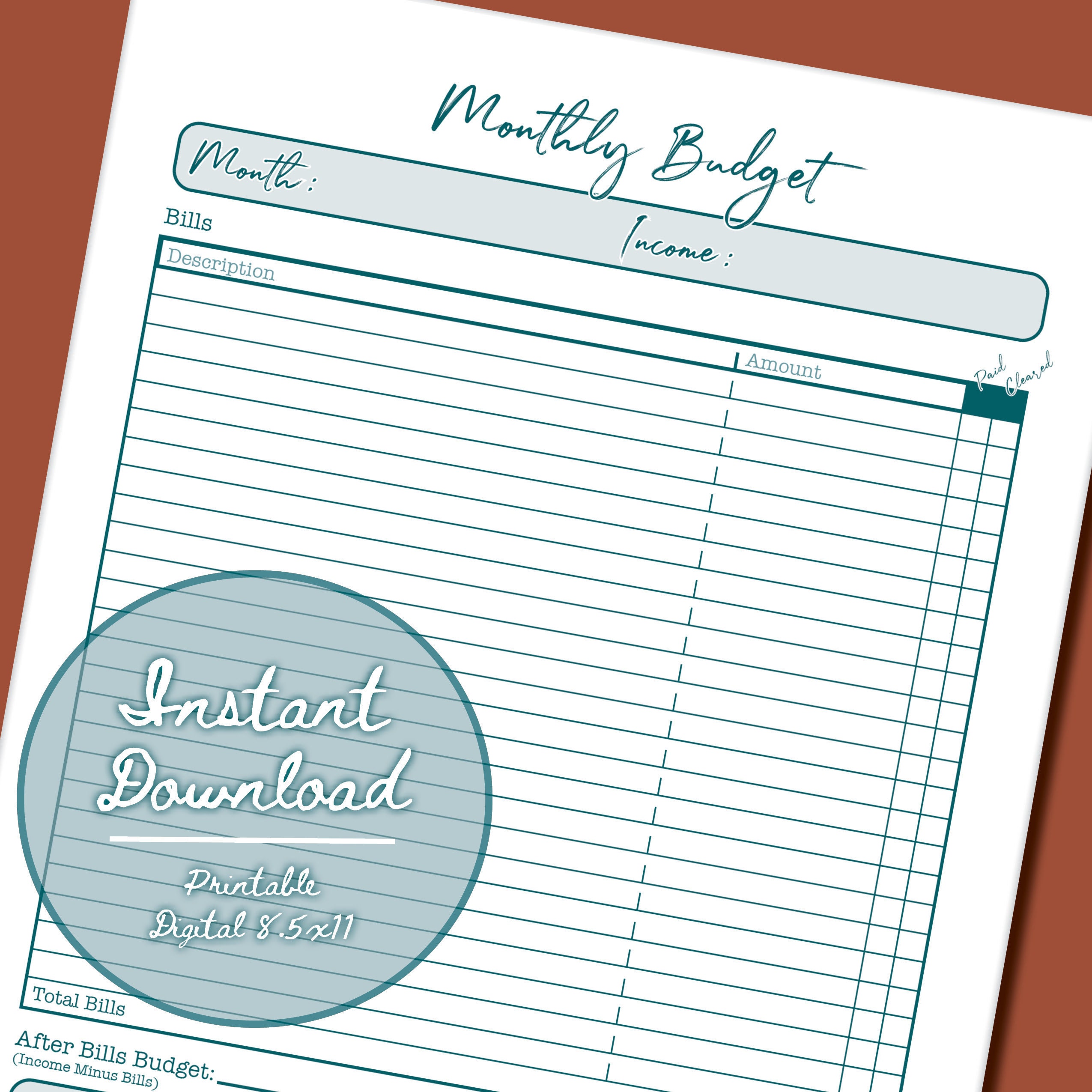 Monthly Budget At a Glance Printable Instant Download | Etsy