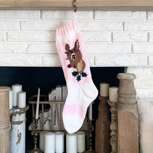 Knit Christmas Stocking- Reindeer on Soft Pink Background