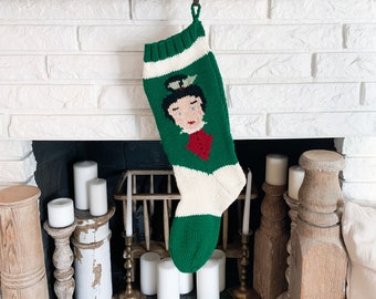 Knit Christmas Stocking - Victorian Lady on Green Background