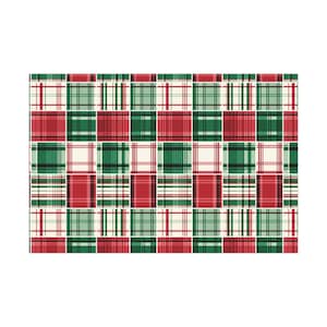 Könnte beinhalten: Ein rechteckiges Muster mit einem Patchwork-Design. Es zeigt abwechselnde Quadrate aus rotem, grünem und cremefarbenem Karomuster. Die Karomuster variieren in Breite und Stil und erzeugen ein visuell interessantes Design. Das Gesamtthema ist Feiertag oder saisonal.