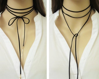 Suede Wrap Necklace, Wrap Choker, Black Suede Choker, Black Tie Necklace, Wrap Around Necklace, Boho Choker, Faux Corded Choker /N294