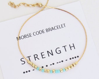 Morse Code armband STERKTE, Cadeau met geheime boodschap, Morse code sieraden, Dainty boho sieraden, Cadeau voor meisje, vrouwen / MBA2