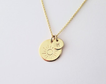 Gold Sun necklace with initial disk for women, Minimalist Sunshine jewelry for friend sister soulmate Personalized Inspirational gift / N484