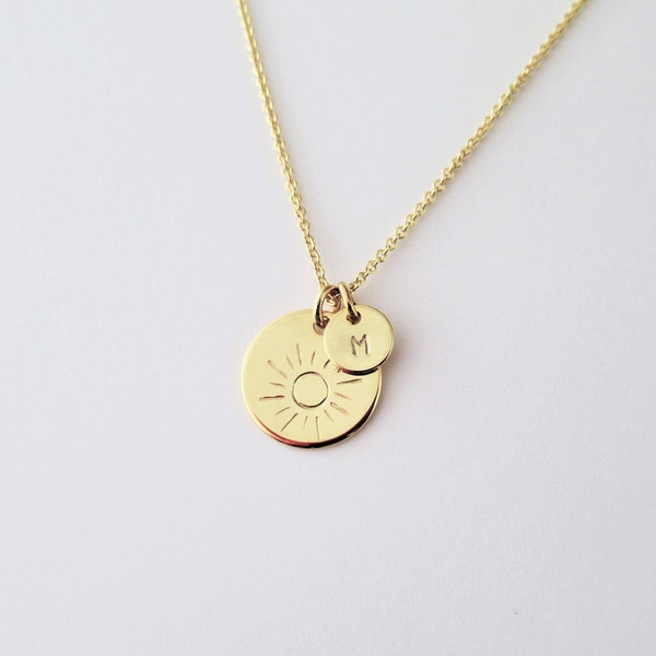 Gold Sun necklace with initial disk for women, Minimalist Sunshine jewelry for friend sister soulmate Personalized Inspirational gift / N484