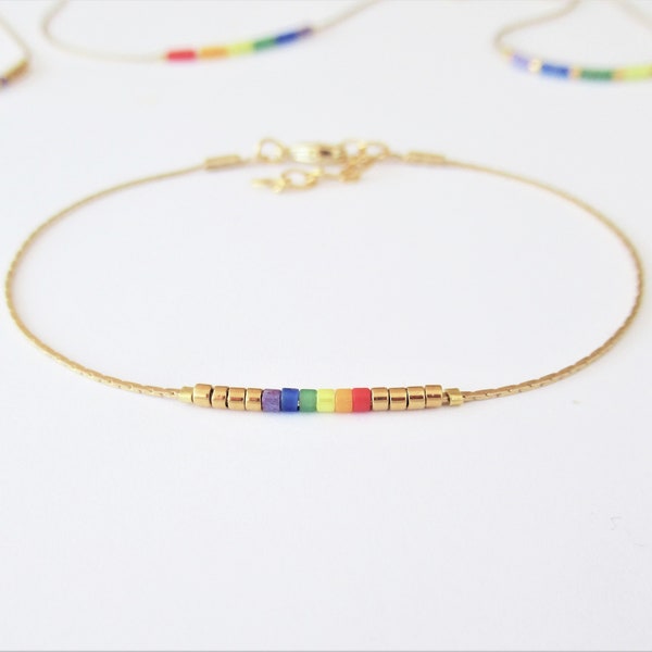 Pride bracelet gold chain, Thin LGBT bracelet, Delicate rainbow bracelet gold chain or anklet, Subtle LGBT jewelry for best friend / PR1