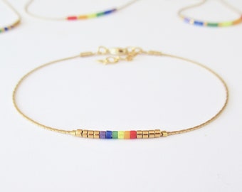 Pride bracelet gold chain, Thin LGBT bracelet, Delicate rainbow bracelet gold chain or anklet, Subtle LGBT jewelry for best friend / PR1