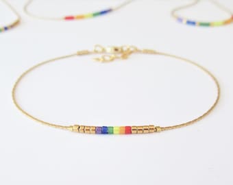 Pride bracelet gold chain, Thin LGBT bracelet, Delicate rainbow bracelet gold chain or anklet, Subtle LGBT jewelry for best friend / PR1