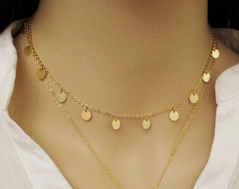 Gold Drop Choker, Gold Disk Choker, Circle Tags Necklace, Coin Necklace, Disk Necklace, Coin Choker, Boho Chic Necklace, / 6mm / N306