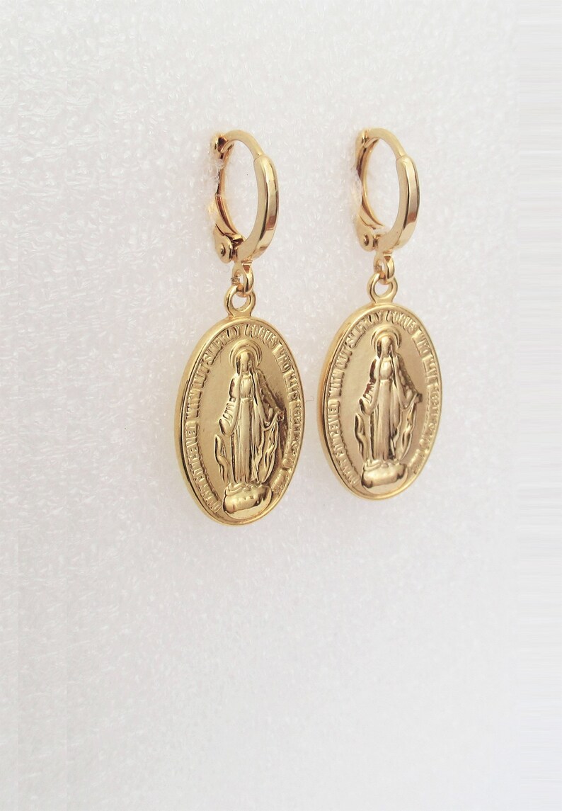 Religious Earrings Gold Virgin Mary Earrings Cross Miraculous Etsy