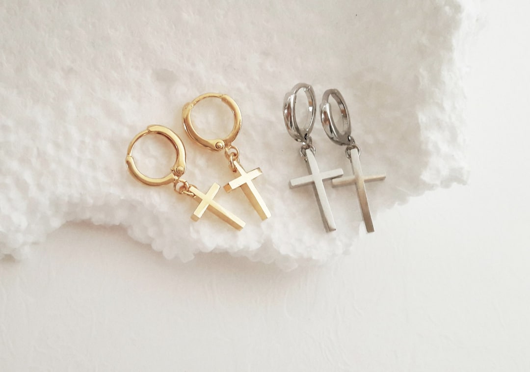Gold Cross Hoop Earrings, X Earrings With Hoops, Earrings With Cross, Rock Earrings, Baptism