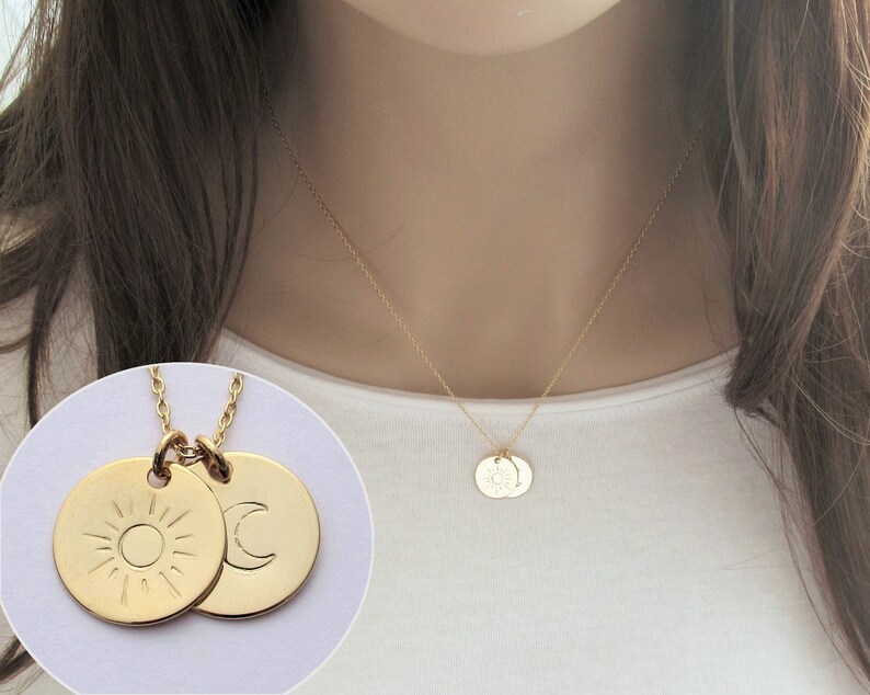 Sun and Moon Necklace Gold Engraved 