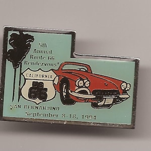 Vintage, Route 66 Rendezvous, San Bernardino, Califorina 1994 Event Pin. Route 66 Shied with Red 1960&#39;s Corevette