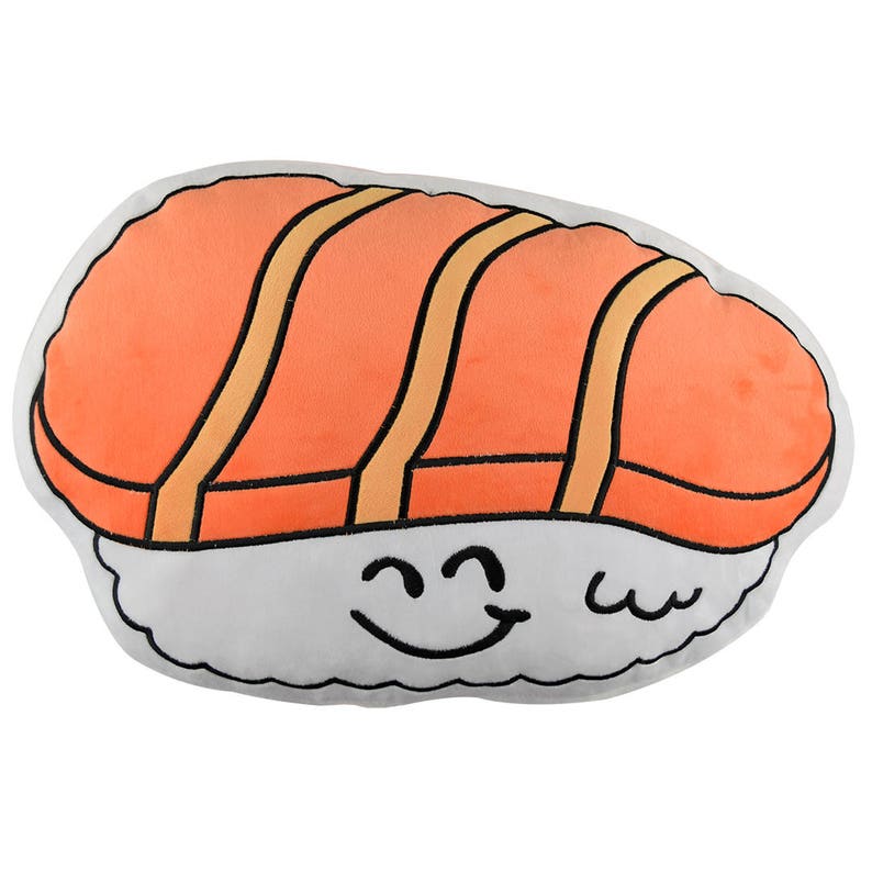 May include: A plush pillow shaped like a sushi roll with a smiling face. The pillow is white with a salmon-colored filling and black lines.