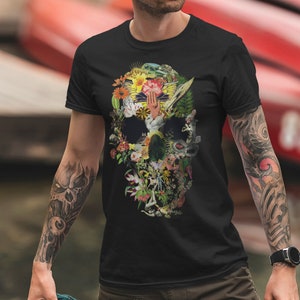 Skull Art Men's T shirt, Sugar Skull Print Shirt Gift For Him, Bella Canvas Gothic Skull T Shirt Gift, Floral Skull Art Unisex Tee Gift