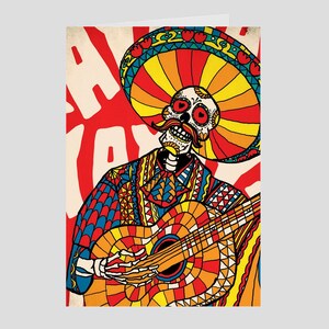 Cartões dobrados mariachi, cartões de felicitações com caveira de açúcar, pacote de cartões dobrados com arte de caveira colorida mexicana