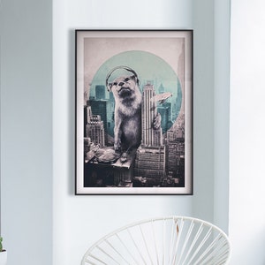 May include: A digital art print featuring a large otter wearing headphones and holding a record player, set against a backdrop of a city skyline. The otter is positioned in front of a large, circular, teal-colored shape.