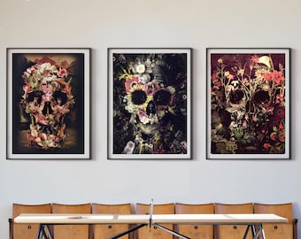 Kunstprintset bloemenschedel: gotisch interieur