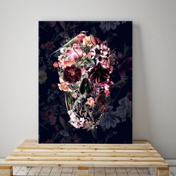 Dark Floral Canvas Print, Flower Skull Canvas Art Print, Boho Skull Canvas Art, Sugar Skull Home Decor Gift